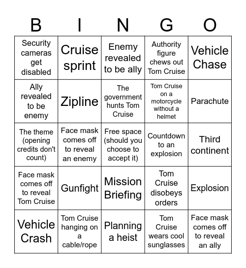 Mission Impossible Bingo Card