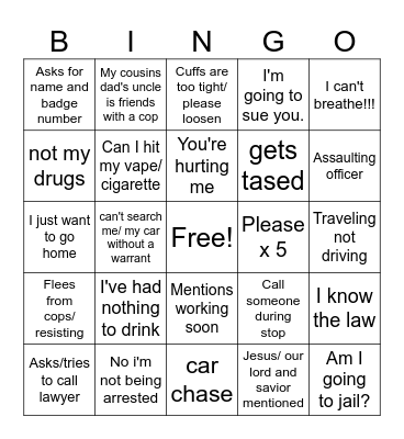 Body Cam Bingo Card