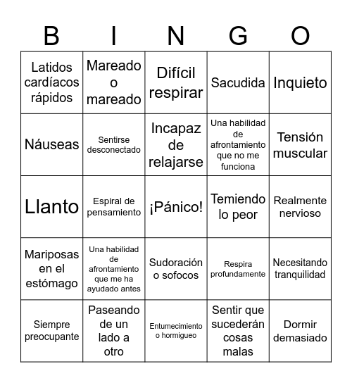 Anxiety Bingo Card