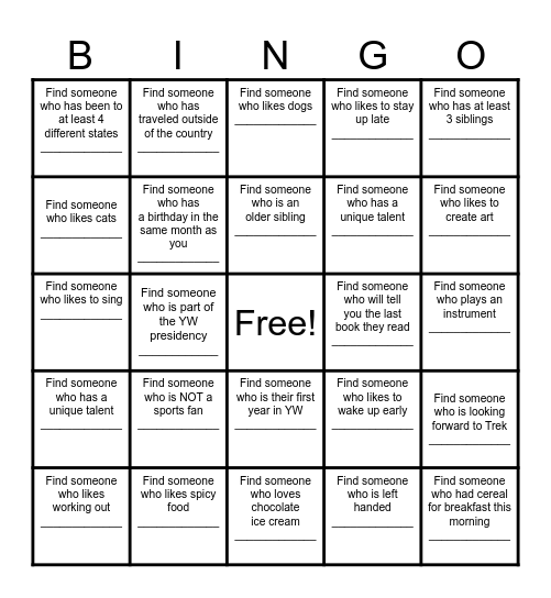 Find a Friend Bingo Card
