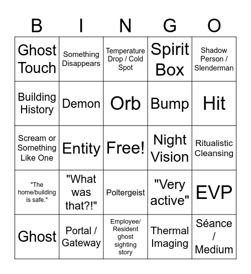 Ghost Hunter Bingo Card