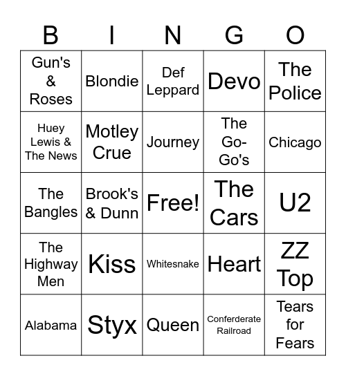 Bands of the 70's & 80's Bingo Card