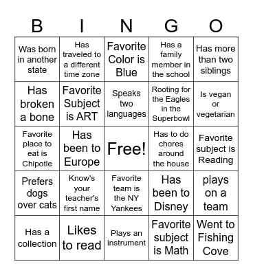 First Day of School Bingo Card