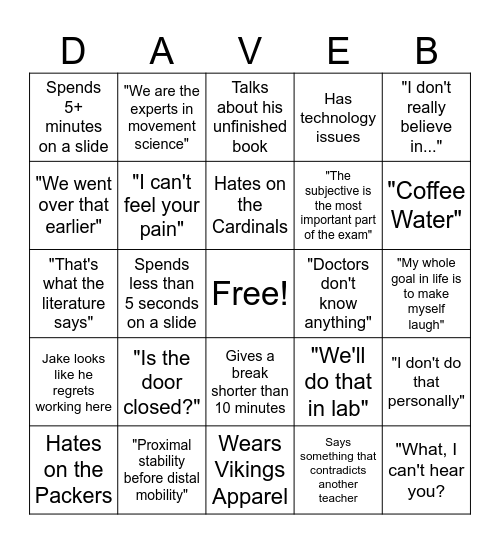 Dave's Class Bingo Card