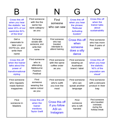 ASI Personal Styling Bingo Card