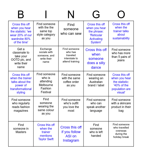 ASI Personal Styling Bingo Card