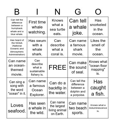 Whale Watching Bingo Card