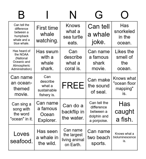 Whale Watching Bingo Card