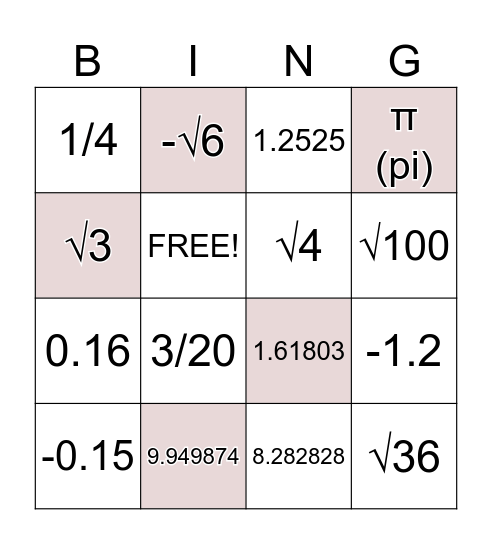 Irrational & Rational Numbers Bingo Card