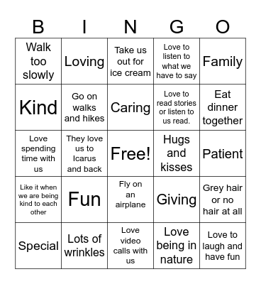Grandparents Bingo Card