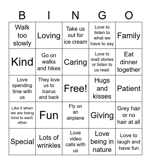 Grandparents Bingo Card