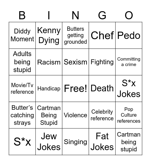 South Park Bingo Card