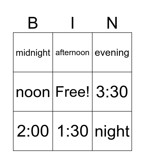 What time is it? Bingo Card