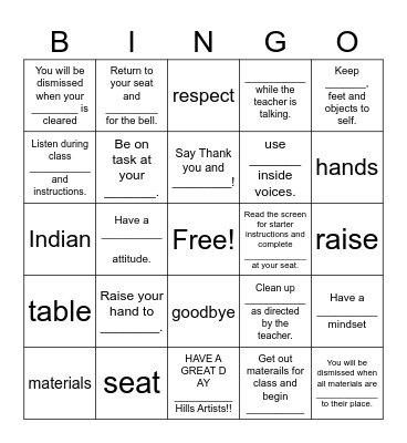 Art/Ceramics Studio Etiquette Bingo Card