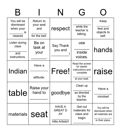 Art/Ceramics Studio Etiquette Bingo Card