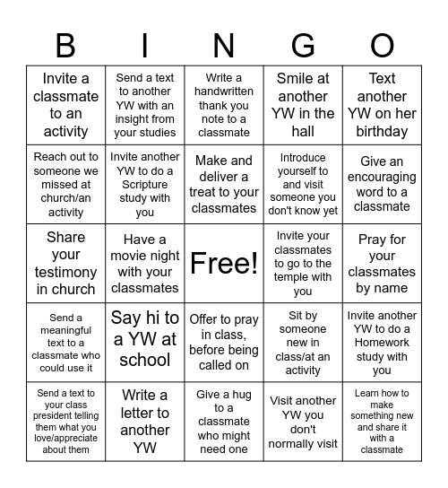 YW Acts of Service Bingo Card