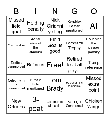 Super Bowl LIX Bingo Card