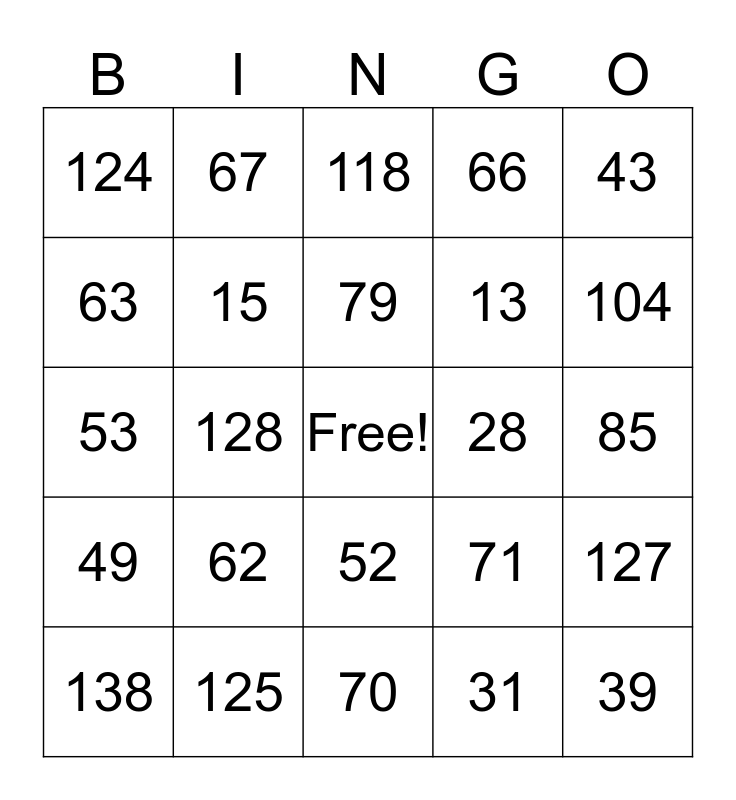 Numbers 1-150 Bingo Card