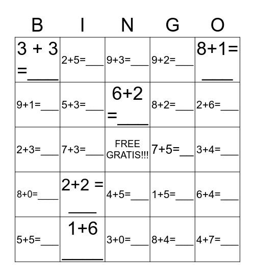 MATH (ADDITION) BINGO  Bingo Card