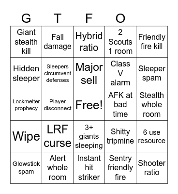 GTFO Shopping List Bingo Card