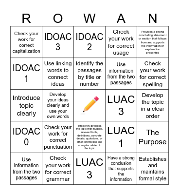 Informative Writing Bingo Card