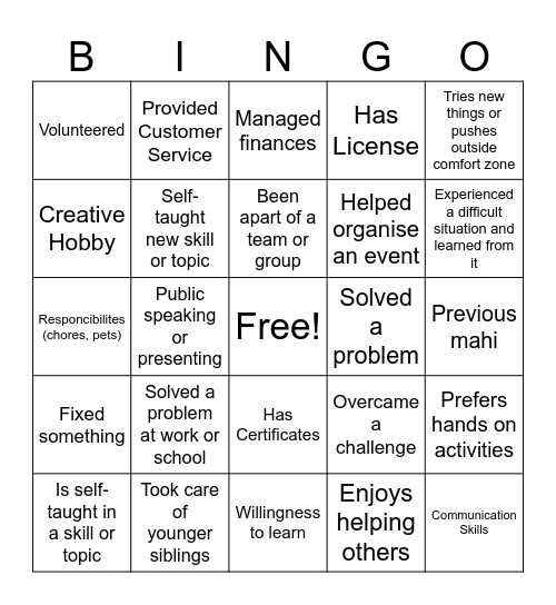 Personal Statement BINGO Card