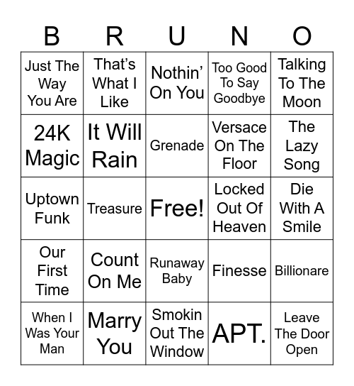 Bruno Mars Bingo Card