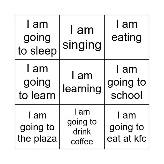 Present Continuous and Going to Bingo Card