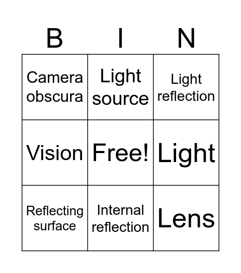 LIGHT REFLECTION BINGO Card