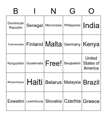 Countries Bingo Card