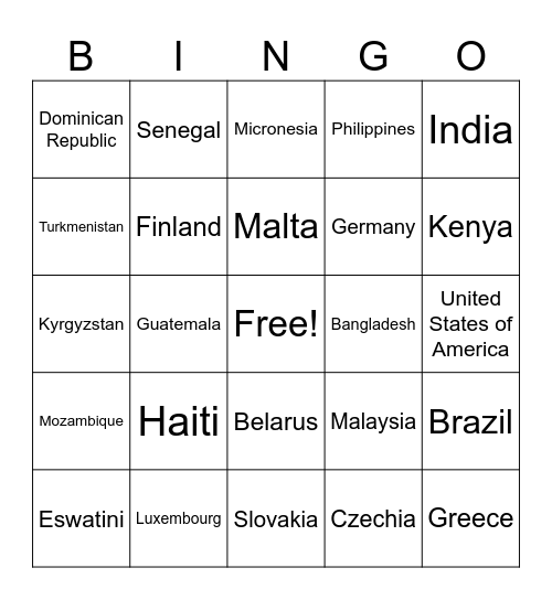 Countries Bingo Card