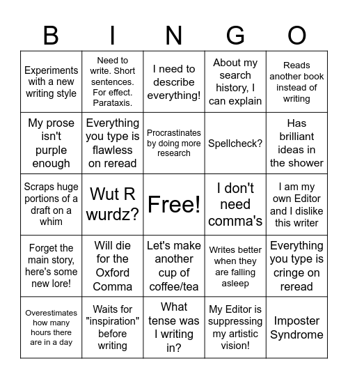 WRITER BINGO Card