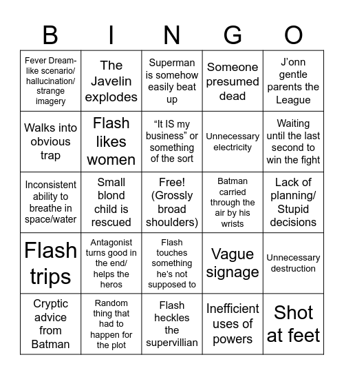 Justice League Bingo Card