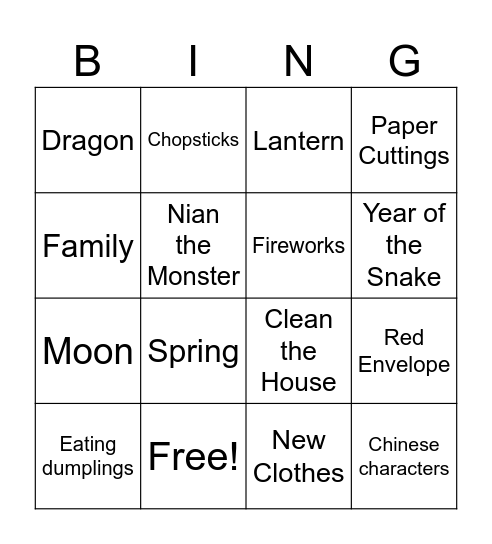 Chinese New Year Bingo Card
