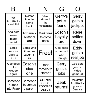 Denny's at 2am Bingo Card