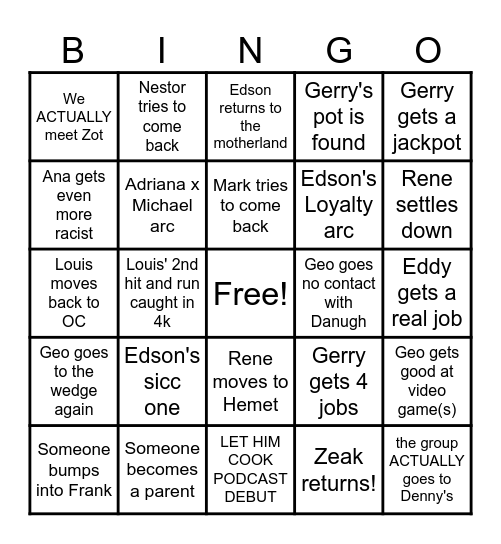 Denny's at 2am Bingo Card