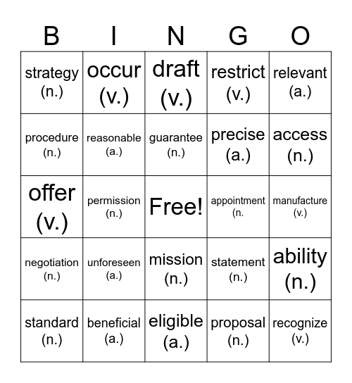 TOEIC Review Bingo Card