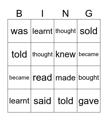 Irregular verbs Bingo Card