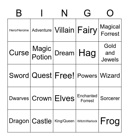 Fantasy Vocabulary Bingo Card