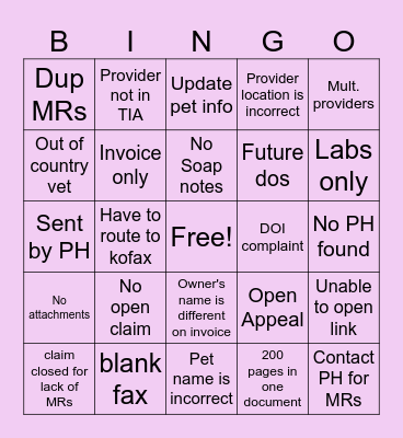 Medical Records Bingo Card