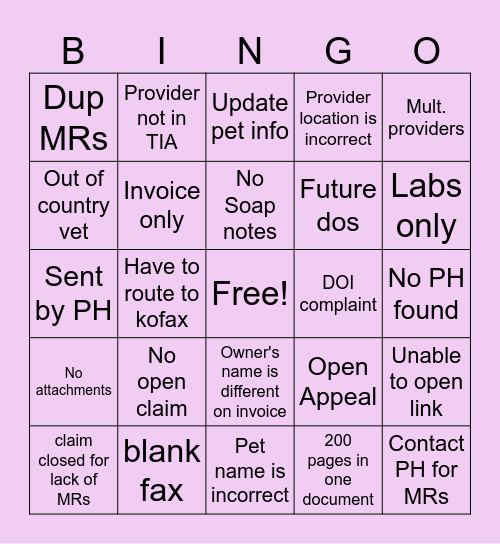 Medical Records Bingo Card