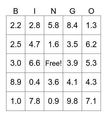 Place Value (Tenths) Bingo Card