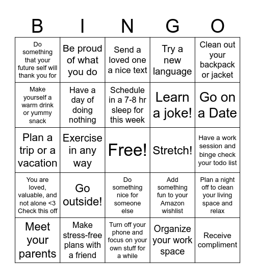Self Care Bingo Card