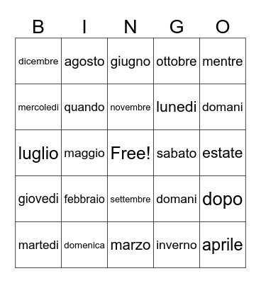 I giorni e i mesi Bingo Card