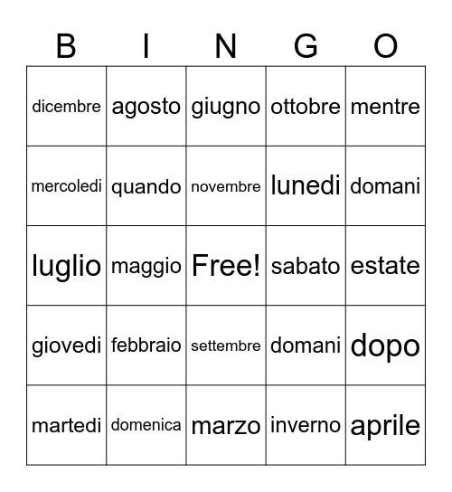 I giorni e i mesi Bingo Card
