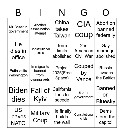Trump 2nd term bingo Card