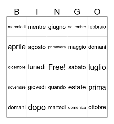 I giorni e i mesi Bingo Card