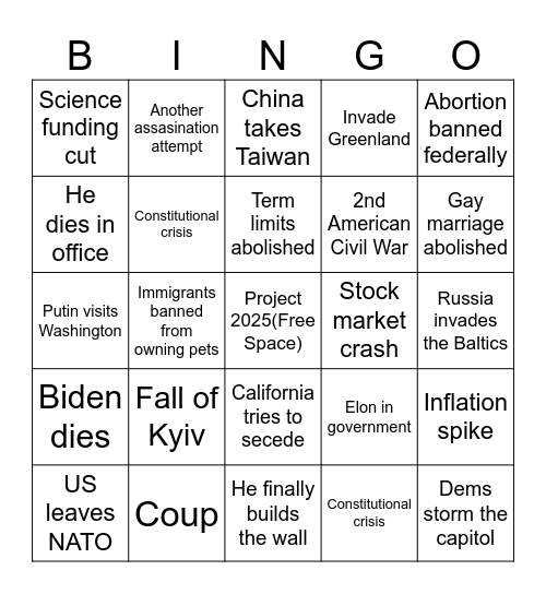 Trump 2nd term bingo Card