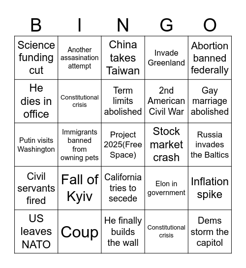 Trump 2nd term bingo Card