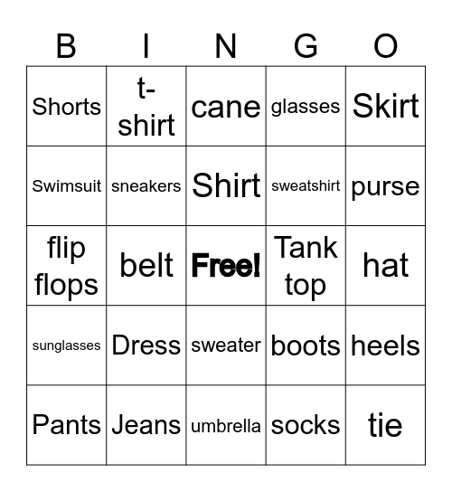 Clothing Bingo Card